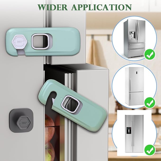 Image of 2 Pack Child Proof Refrigerator Lock, Fridge, Cabinets, Freezer Door Lock Apply to Max 1 inch(25mm) Sealing Strip for Toddlers and Kids, No Tools Need or Drill - Grey (Green, 2) | Self Adhesive, Heavy Duty, Strong Adhesive, 360 Degree Rotating