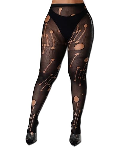XIUSEMY Women Sexy Tights Fishnet Stockings Patterned Leggings Thigh-High Black Socks Lace Pantyhose - One Size - Black Type9