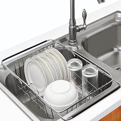 Escurridor de Platos, Sobre el Fregadero, Escurridor de Platos Extensible, Escurridor de Acero Inoxidable para Vajilla con Escurridor y Bandeja Extraíble para Cubiertos