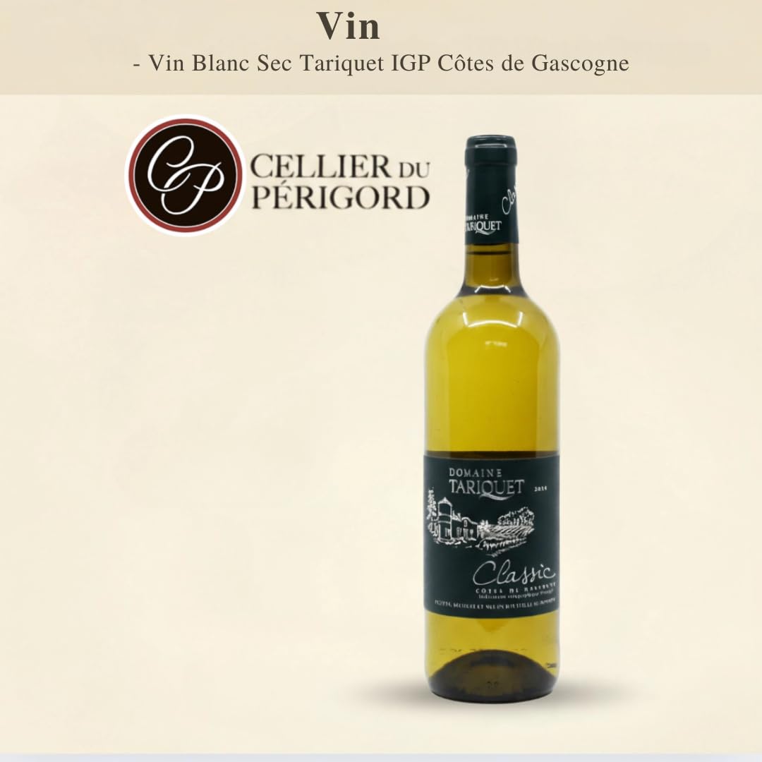 Cellier du Périgord Panier Gourmand Coffret Tariquet Vin IGP | Coffret Tariquet Classic vin blanc IGP Côtes de Gascogne 75cl + foie gras, terrines et douceurs du Périgord à offrir