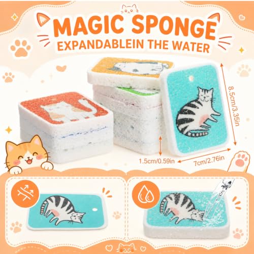 Image of Maxdot 50 Counts Compressed Cellulose Sponges Bulk Cat Style Natural Kitchen Compostable Non Scratch Dish Sponges for Washing Dishes, Cleaning Countertop Sink, Kids DIY
