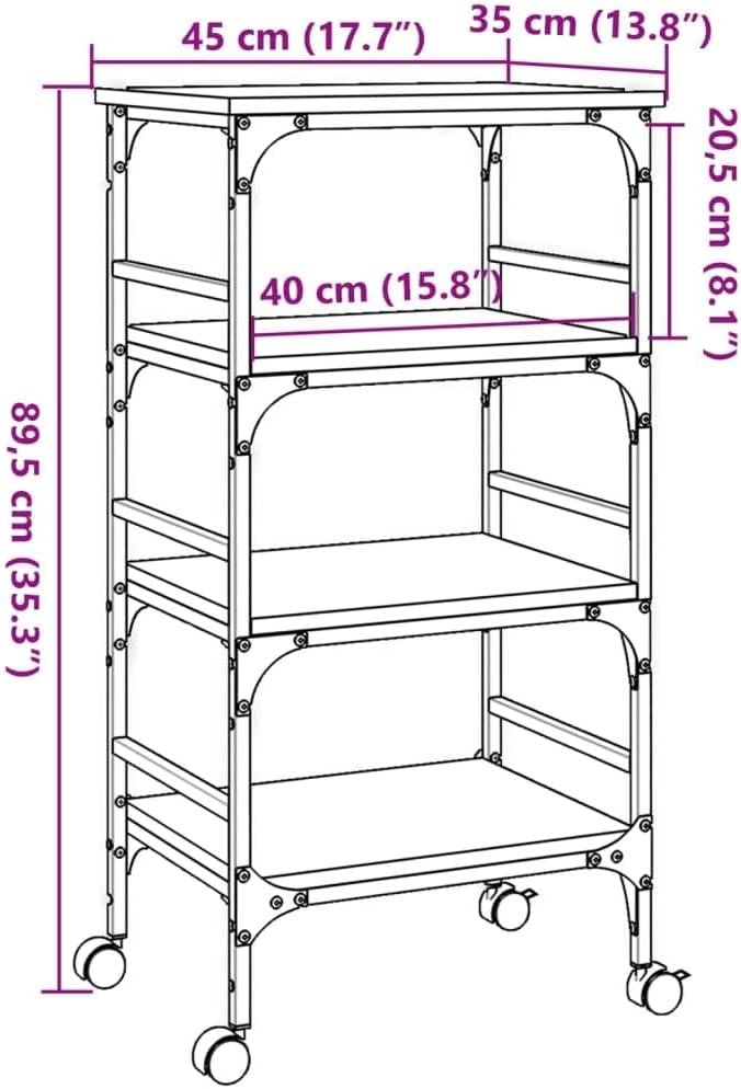 Kitchen Trolley Smoked Oak Engineered Wood 17.7"x13.8"x35.2" with Steel Frame Rolling Kitchen Cart for Storage and Mobility in Dining or Kitchen