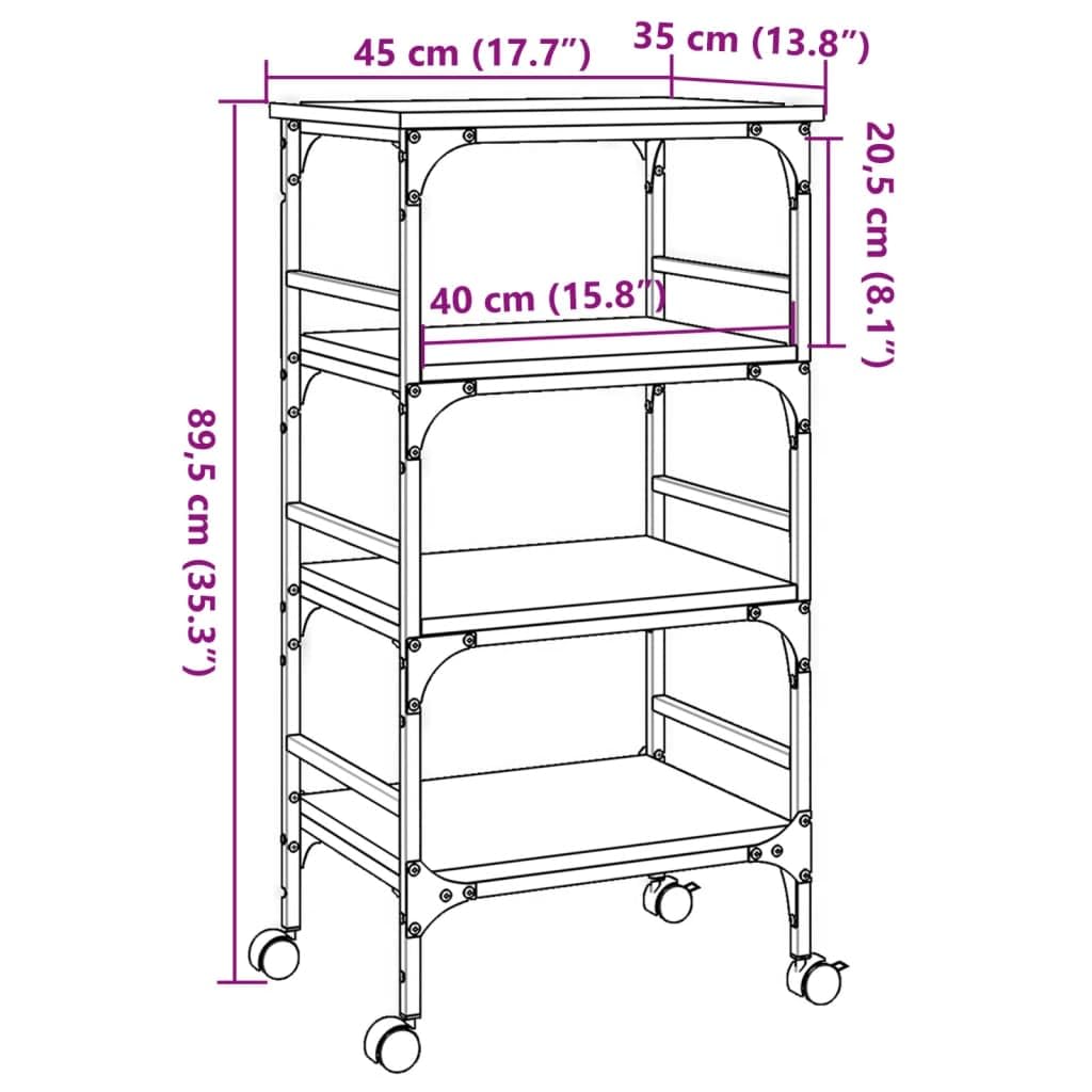 Carro de cocina de roble ahumado de madera y acero, 45 x 35 x 89,5 cm, carro de servicio con ruedas y frenos, espacio de almacenamiento para cocina, salón, baño, estudio