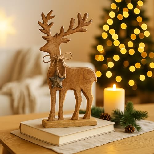 KAMACA Holz Hirsch zum Stellen Standfigur aus Holz in braun beige...