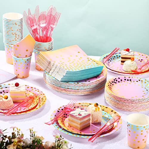 560 Pcs Rainbow And Gold Party Supplies For 80 Guests Disposable Dinnerware Kits Gold Dots On Rainbow Paper Plates Napkins Cups Plastic Forks Knives Spoons For Birthday Wedding Baby Shower Home Party #TOP4