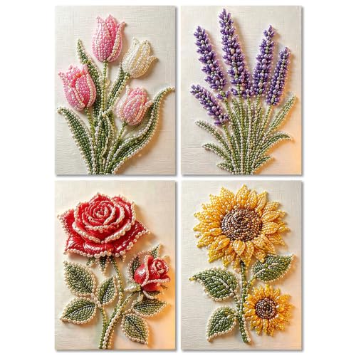 Muzagroo Art Pearl Art Kits for Adults DIY Flowers Pearl Painting Kits 4PCS