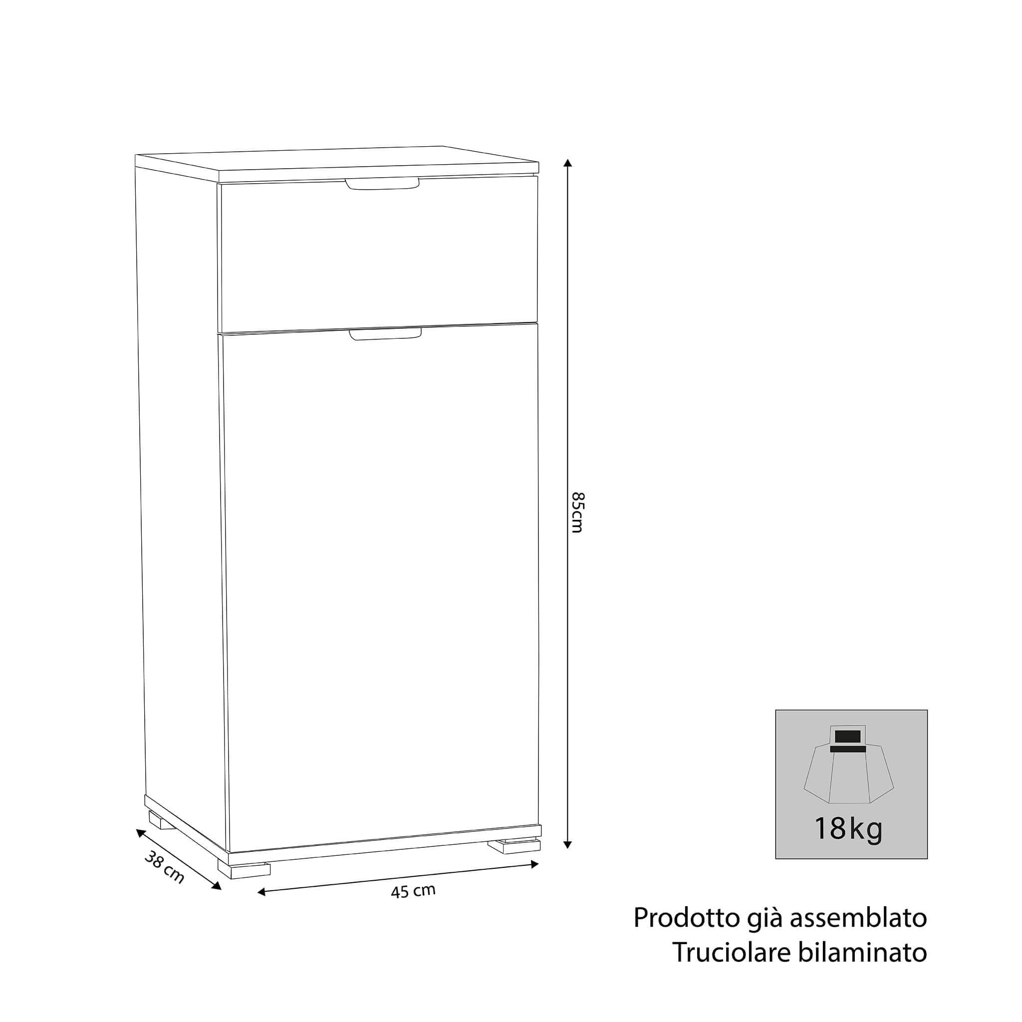 milani home - comodino armadietto 1 anta e 1 cassetto 45 x 38 x 85 cm, bianco, truciolare bilaminato, Made in Italy