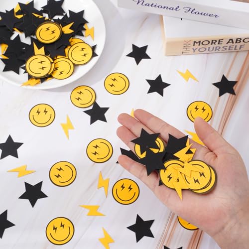 Image of Whaline 300Pcs One Happy Dude Table Confetti Smile Face Lightning Star Shaped Confetti Yellow Black Table Centerpiece for First Birthday Party Decoration