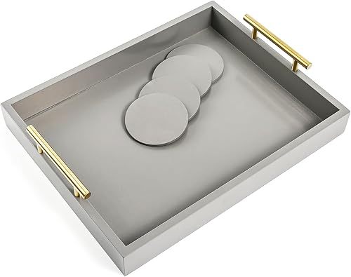 Miniatura 6 de Bandeja de servicio de 16.5 x 13 pulgadas, bandeja otomana de madera de lujo para mesa de café con asas de metal dorado pulido y 4 posavasos,