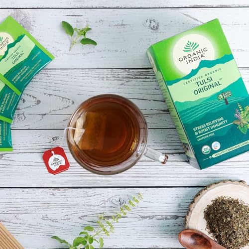 Image of A TATA Product - Organic India Tulsi Original - 25 Tea Bags, Caffeine-Free Herbal Tea with Tulsi, Natural Detoxifier, Rich in Antioxidants, Convenient Staple-Free Bag (Pack of 3)