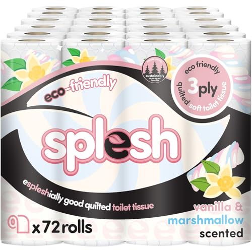 Splesh by Cusheen 3-ply Toilet Roll - Vanilla & Marshmallow Scented (72 Rolls) Bulk Buy Quilted Toilet Rolls Soft and Strong Toilet Tissue and Loo Rolls - Eco-Friendly Toilet Paper Sustainably Craft