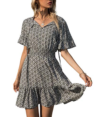 Prettygarden Women's Summer Boho Dress Casual Short Sleeve Tie V Neck Ruffle Floral Print Mini Skater Dresses (Black,Large) #TOP2