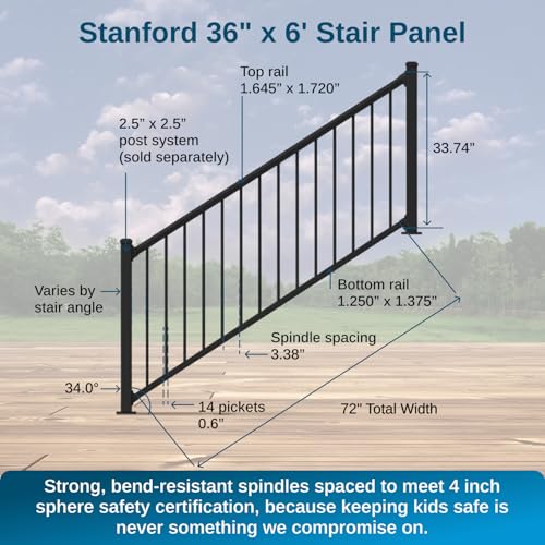 Image of Weatherables 36 in. H x 6 ft. W Stanford Stair Railing Kit - Aluminum Porch & Deck Railing Kit with Black Powder-Coated Finish, Adjustable Outdoor Hand Rail Kit