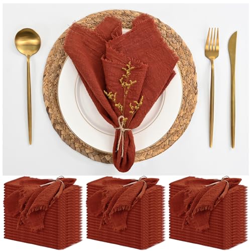 60 Pack Terracotta Napkins Cotton Linen Napkin 16 x 16 Inch Terracotta Napkins Cloth Handmade with Fringe Soft Washable Rustic Dinner Napkin Cloth for Wedding Party Dinner Table