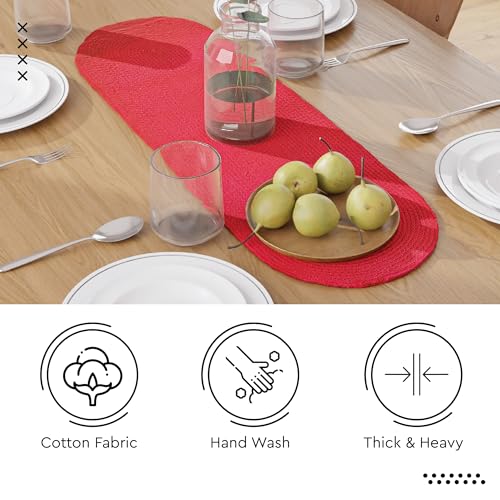 Image of Encasa XO Table Runner for 4 Seater | Handmade Ribbed Style Cotton | 30x91 cm | Red | for Dining & Center Table