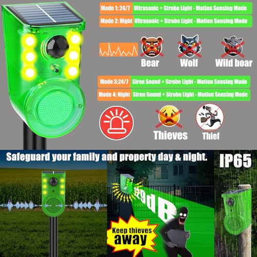 Image of Solar Outdoor Motion Sensor Alarm - Ultrasound & Alarms 130db Motion Detector Loud Noise Maker,Strobe Light,for Home, Villa,Yard,Chicken coop,Farm,Barn.4 Work Modes.Say Goodbye to The Intruders 4Pack