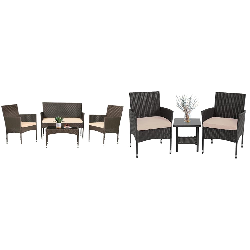 FDW 4-Piece Outdoor Wicker Patio Furniture Set with 2 Chairs, Coffee Table