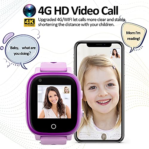 Kids Smart Watch, 4G WiFi GPS LBS Tracker SOS Emergency Call Video Chat Children Smartwatches, IP67 Waterproof Phone Watch for Age 4-12 Boys Girls Gifts (Purple, T5, Cartoon Style)2