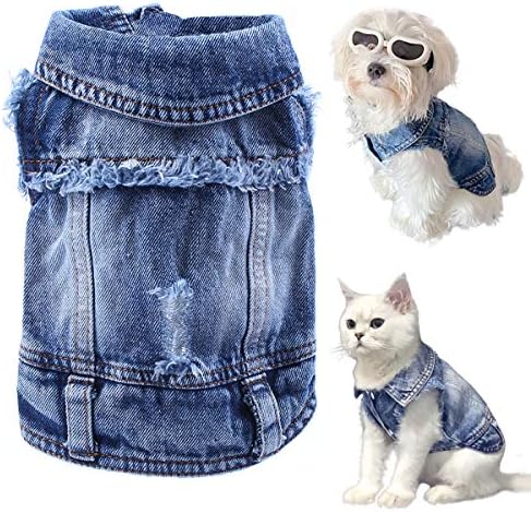 LKEX Dog Jean Jacket, Cool and Soft Shirt, Pet Blue Denim Coat, Classic Lapel Vests, Fashion Clothes for Small Medium Dogs Cats L