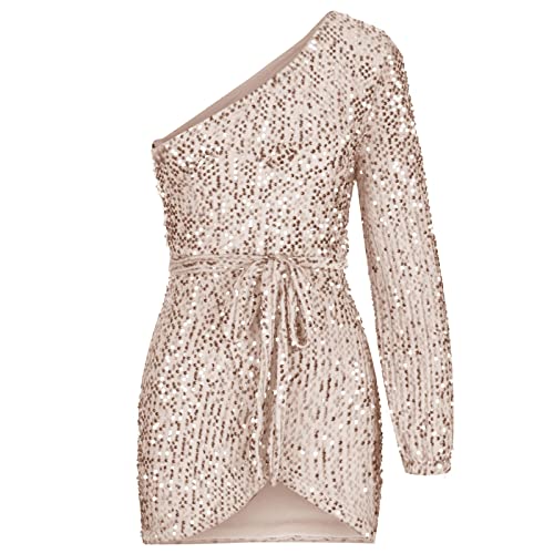 Oplxuo Sexy Women Girls Sequin Dresses One Shoulder Long Sleeve Waist Tie Mini Dress Sparkly Birthday Party Cocktail Clubwear Rose Gold #TOP4