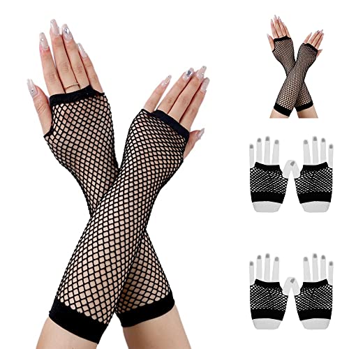 4 Paare Lang und Kurz Netzhandschuhe Schwarz Netz Handschuhe Damen Rockige Fishnet Gloves Schwarz Fingerlose Fischnetz Handschuhe Frauen für 80er Jahre Verkleidung Kostüm Mottoparty Party Lieferungen Cover
