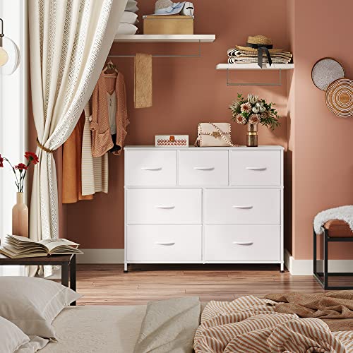 Wlive Dresser With 7 Drawers, Dressers For Bedroom, Fabric Storage Tower, Hallway, Entryway, Closets, Sturdy Steel Frame, Wood Top, Easy Pull Handle (White) #TOP1