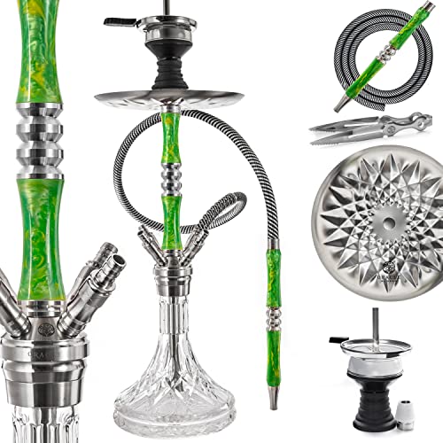 ORACLE HOOKAH® Edelstahl Shisha Set 4 Anschlüsse Komplettset Wasserpfeife Epoxidharz Grün 60cm - mit Zubehör wie Schlauch Tonkopf Mundstück (inkl. [2 Schläuche / 2 Mundstücke]) Cover