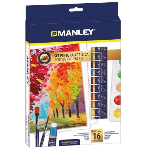 Manley Set Pintura Acrílica 16 piezas| Ideal para artistas principiantes | Pintura acrílica calidad artística | Colores brillantes y fáciles de mezclar.
