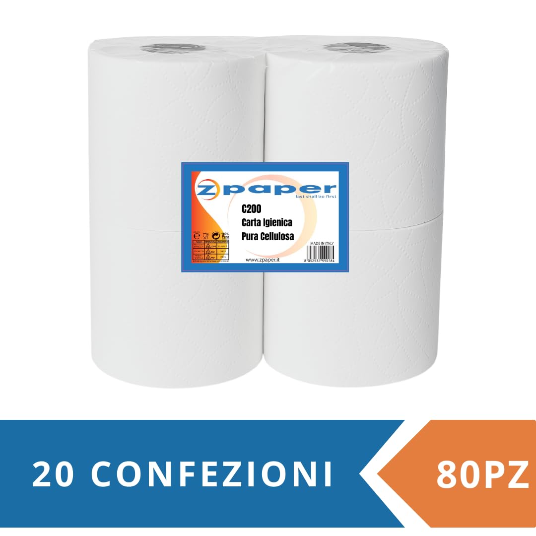 ZPAPER - 80 Rotoli di Carta Igienica, 100% pura cellulosa 2 Veli, morbida e resistente per la casa o l'ufficio
