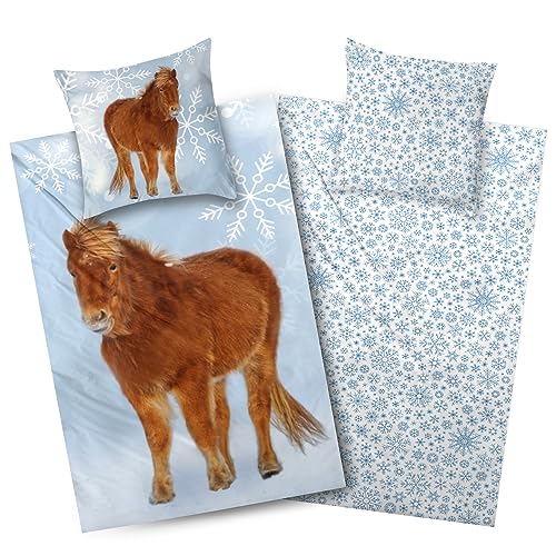 Aminata kids Biber Bettwäsche 135x200 Pony Pferde Pferdebettwäsche Mädchen Winter-Motiv warm weich blau