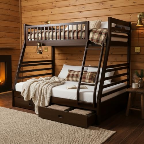 Image of APRODZ Solid Wood Elvira Dark Walnut Twin Over Queen Size Bunk Bed with Storage
