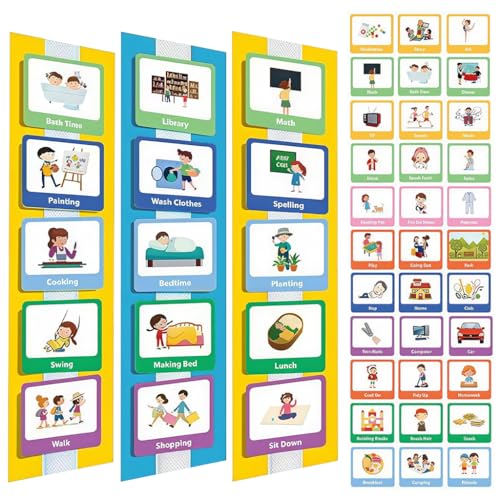 Image of PATPAT Schedule Planner Flash Cards for Kids, Wall Planner Autism Daily Chore Routine Chart with 60 Cards, 12 Background Boards, 12 Velcro, Flash Card for 3 Year Old Wall Planner for Home School