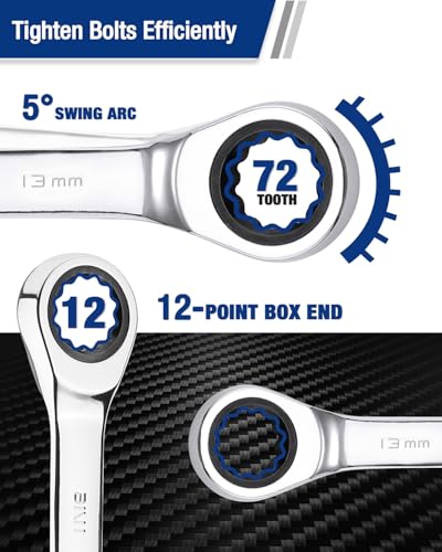 Image of WORKPRO 13 mm Ratcheting Combination Wrench, Mirror Polish Chrome Plating | Premium CR-V Steel, 72-Teeth, 12 Point Design, Metric, For Home Projects, Motorcycle Repair, Garage Work, Plumbing, Machinery