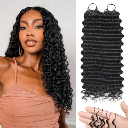 Human Crochet Hair for Black Women Deep wave Crochet Human Hair Bundles 18 Inch 50g Pre-Separated Feather Crochet Human Hair Deep Wavy Invisible Crochet Hair Extensions 40 Strands Natural Black