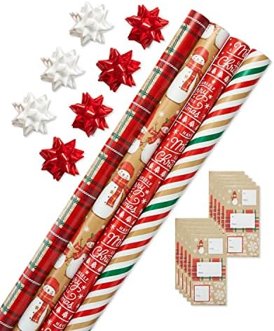 American Greetings Christmas Wrapping Paper Kit - 4 Traditional Rolls with Gridlines, 7 Bows and 30 Gift Tags (41-Count, 120 sq. ft.)
