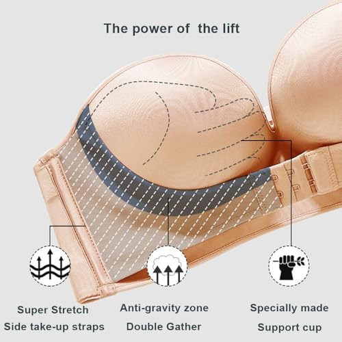 XFSRG Damen TräGerloser BH Push Up BH mit Vorderer Schnalle Große Größe Bandeau BH Ohne BüGel RüCkenfrei BH mit Abnehmbare Träger (36/80D)