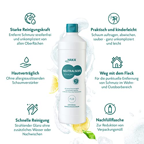 HAKA Neutralseife Schaum Nachfüller, 1 L, Universalreiniger ohne Wasser, punktuelle Entfernung von Schmutz, für Flecken auf Teppichen, Polstern, Autositze, Gartenmöbel, pH-neutral, hautfreundlich