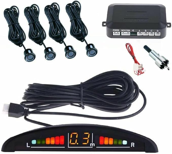 SQUADO Kit 4 Sensori di Parcheggio Wireless Neri con Display LED e Cicalino Acustico Senza Fili Nero