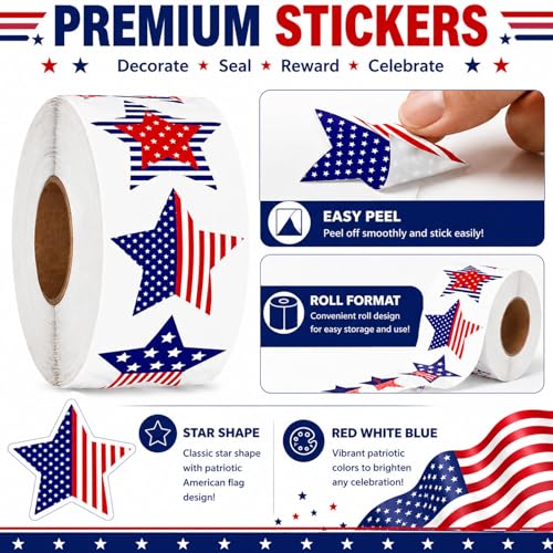 LAOREI 500PCS 4th of July Star Stickers Roll, Patriotic American Flag Labels, Red White Blue Adhesive Decals for Independence Day Party Favors, Memorial Veterans Events, Scrapbook Cards Envelopes — view 4