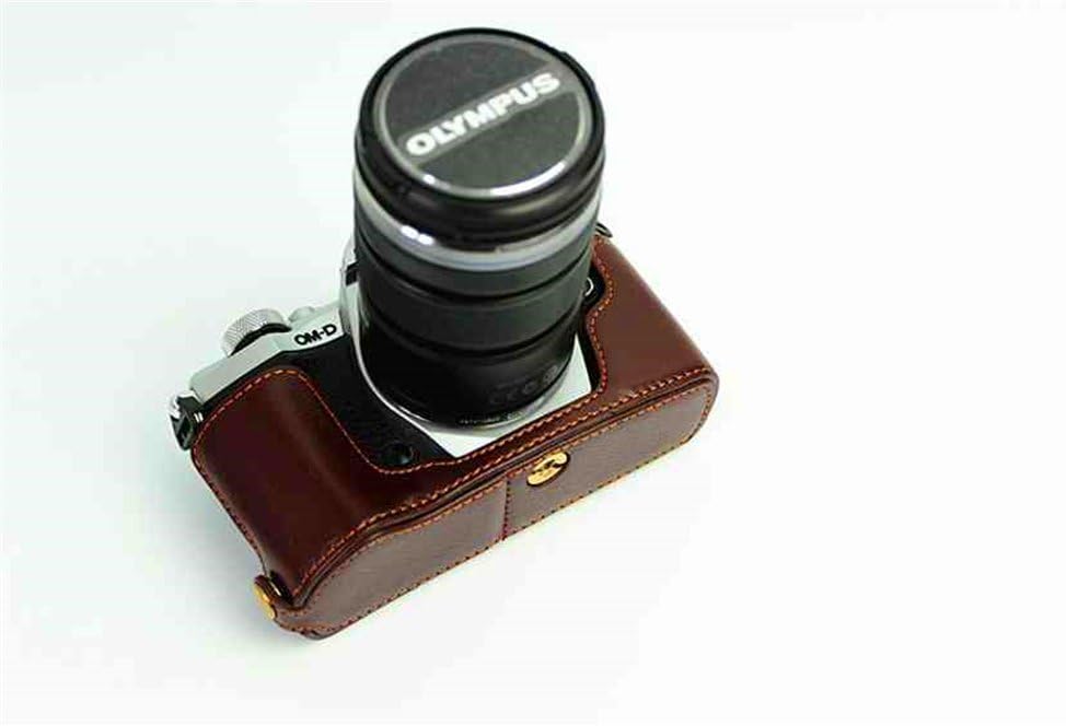 E-M5 Mark II Case, BolinUS Handmade Genuine Real Leather Half Camera Case Bag Cover for Olympus OM-D E-M5 Mark II Bottom Opening Version + Hand Strap - Coffee