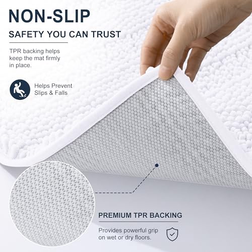 Image of Smiry Thick Chenille Bathroom Runner Rugs 44x24, Extra Absorbent Striped Bath Mat, Machine Washable, Rubber Backing, Long Bath Rugs for Tub & Shower, Modern Home Decor Accessories, White