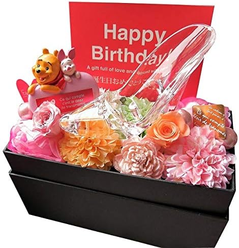 Amazon 誕生日プレゼント 彼女 プーさん ピグレット ハート ガラスの靴入りギフト 箱を開けてサプライズ 枯れない プリザーブドフラワー入り 横長ボックス プリザーブドフラワー オンライン通販