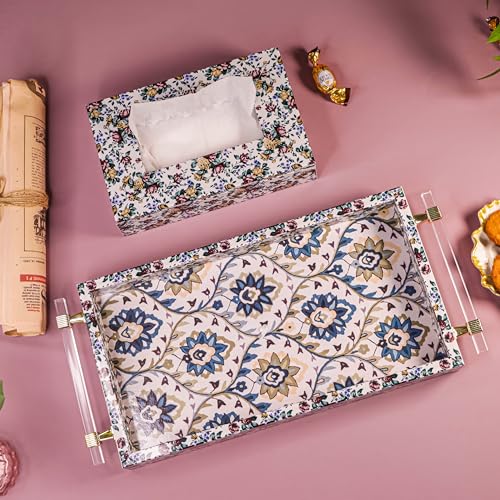 Image of Art Street Premium Serving Tray and Tissue Holder /Tissue Paper Case Dispenser Combo for Kitchen, Dining, Home and Office (Flowers Printed, Tray Size 8x17 Inch, Tissue Holder 6x9 Inch)
