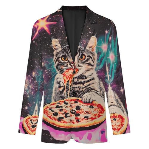 Cat Eating Pizza Men's Slim Suit Long-Sleeve Prom Tuxedo Classic Two Button Business Jacket4