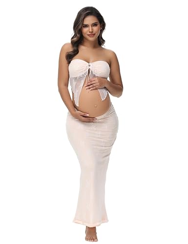 JustVH Women's Maternity 2 Piece Outfits Dress Lace Tube Top