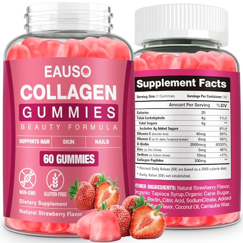 eauso Collagen Gummies - Hair, Skin, Nails, Joint Support - 200mg Hydrolyzed Collagen Gummies for Women and Men with Biotin, Zinc, Vitamin C & E - Non-GMO Anti Aging Collagen for Women - 60 Count