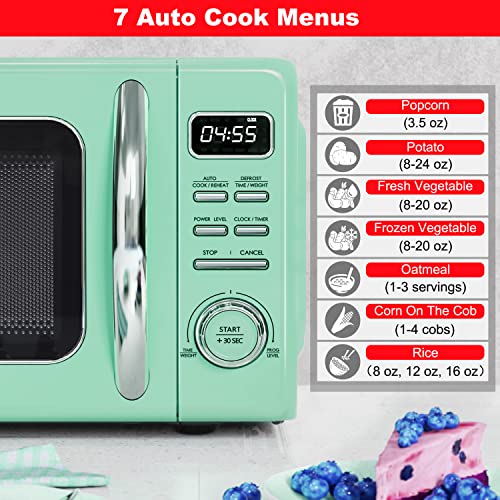 Image of Galanz GLCMKZ11GNR10 Retro Countertop Microwave Oven with Auto Cook & Reheat, Defrost, Quick Start Functions, Easy Clean with Glass Turntable, Pull Handle, 1.1 cu ft, Green