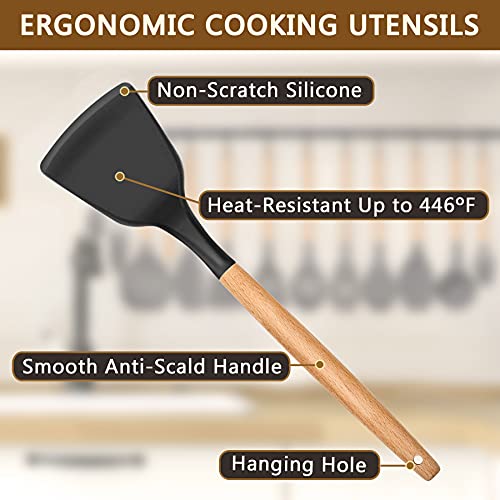 Leonyo 20 Pcs Kitchen Utensils Set With Holder, Silicone Cooking Utensil Set Plus Metal Spatulas, Kitchen Gadgets Tools With Spatulas, Turners, Spoons, Tongs, Wooden Handle, Black #TOP2