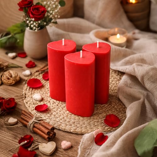 Image of HOSLEY 4.5 Inch High Apple Cinnamon Fragrance Pillar Candles| Aroma Candles for Decoration and Gifting| Heart Shape Scented Pillar Candles, Anniversary, Birthday, Pack of 3, Red
