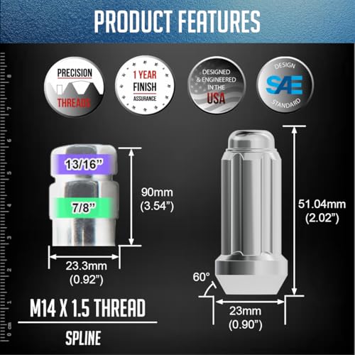 Image of Wheel Accessories Parts 24 Pcs M14x1.50 14x1.50 Thread Truck 2.00 inch Long Spline Lug Nuts Chrome 6 Spline Hex Fits Chevy GMC Silverado Sierra RAM 1500 Ford F-150 with Aftermarket Wheels